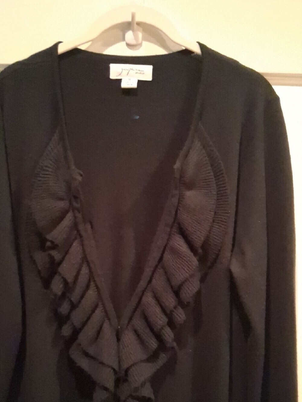 ♟️📸 Jet Black Ruffle-Front Open Cardigan Sweater - Picture 3 of 12